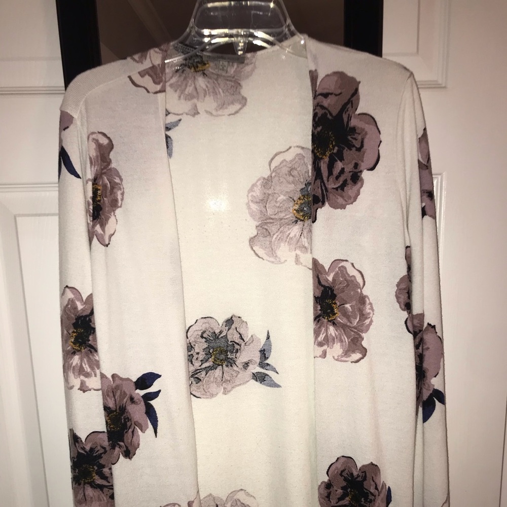White with purple floral cardigan